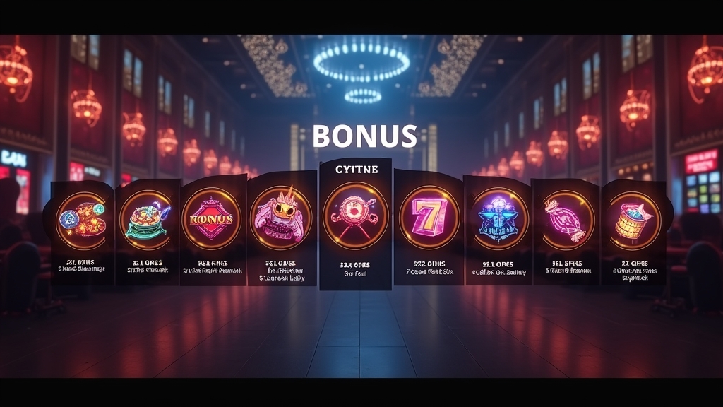 Verschiedene Aktionsboni und Promo-Codes in einer atmosphärischen Casino-Szene