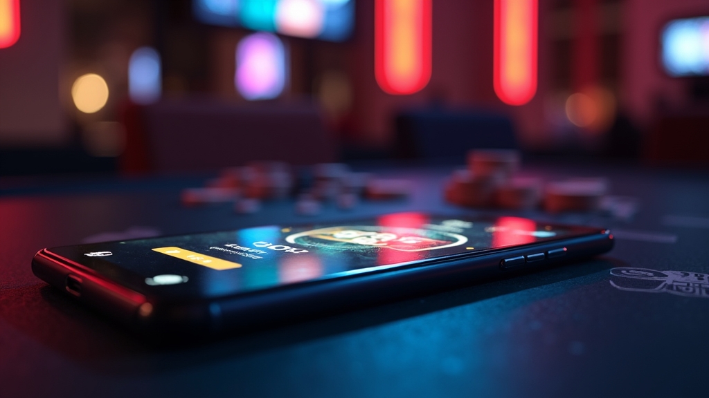 Smartphone mit geöffneter Casino-App vor dunkler Casino-Atmosphäre